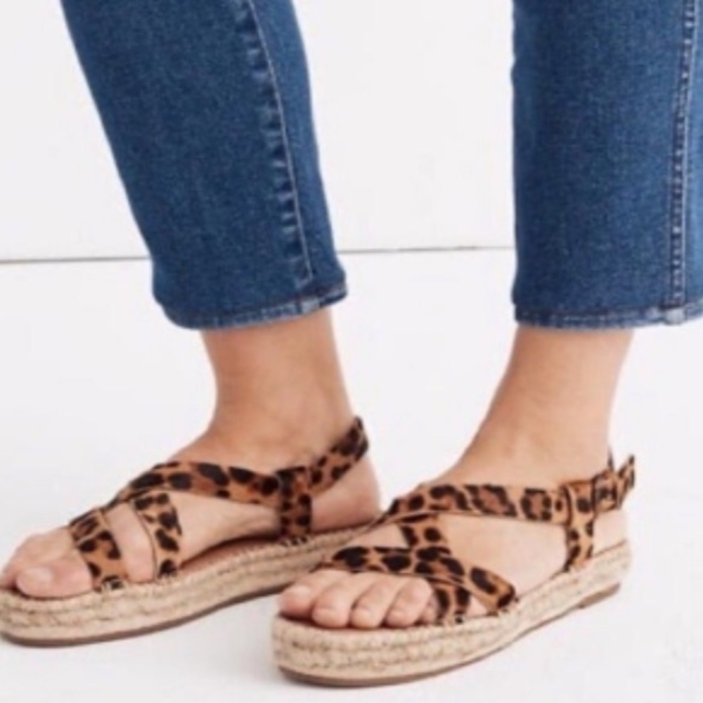 Madewell Leopard Print The Malia Espadrille Calf Hair Sandal sz 9 NWT